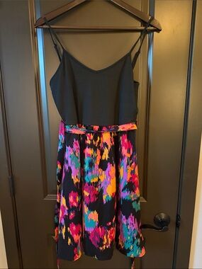 NWOT SHEIN Black Top Strapless-Look Dress with Neon Multicolor Abstract Skirt
